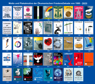 Plakatmotive der Ökumenischen Friedensdekade von 1980 bis 2023